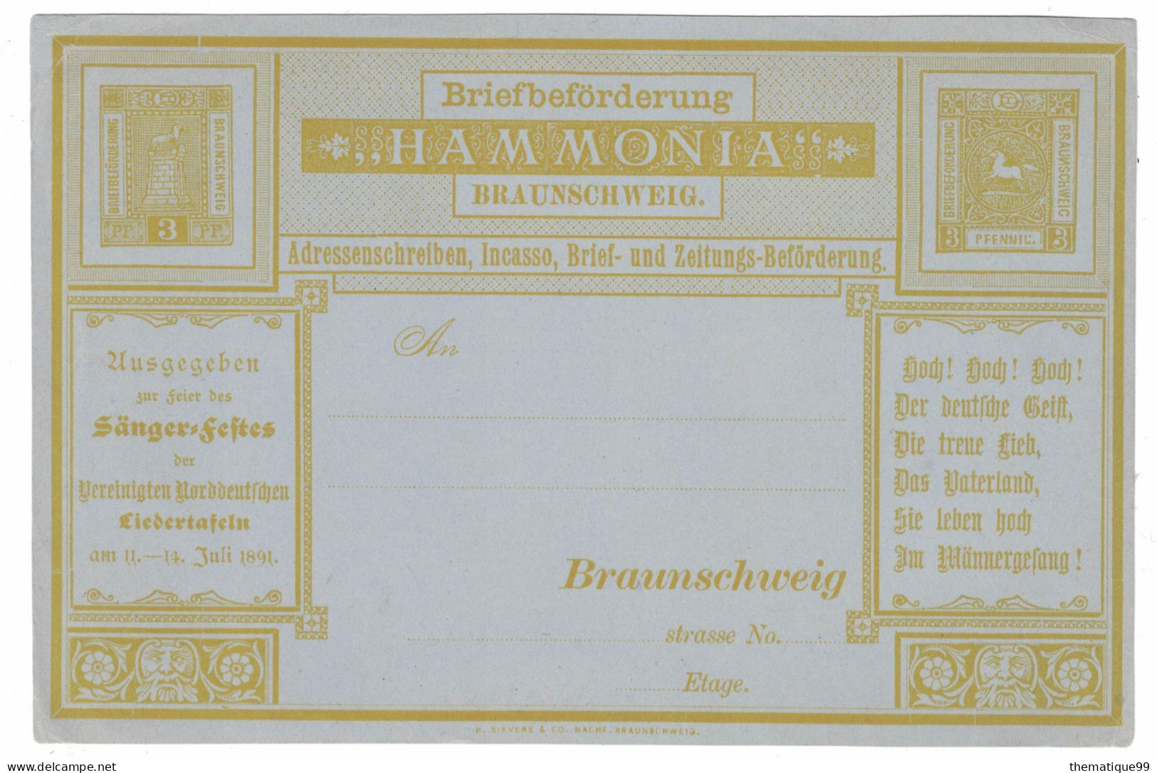 Entier De La Poste Locale Allemande De Braunschweig (1891) : Fête Du Chant, Chorale, Musique - Musik