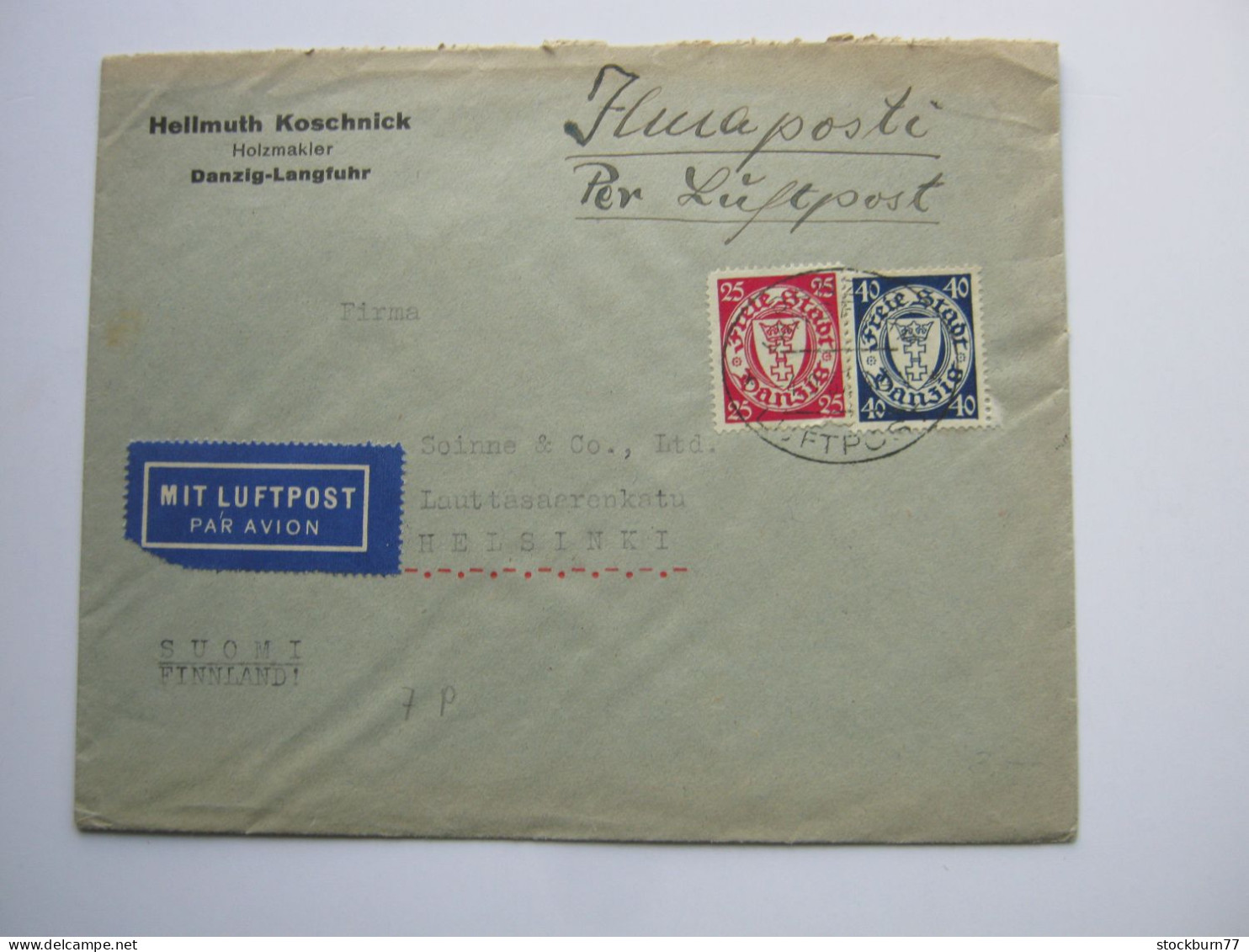 DANZIG , Luftpostbrief  1937 Aus Danzig Nach Finnland - Briefe U. Dokumente