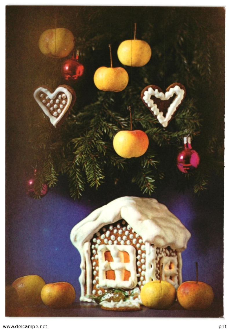 Christmas Tree Decorations Gingerbread House Winter 1987 Unused Vintage Postcard Publisher Eesti Raamat, Estonia - Estonie