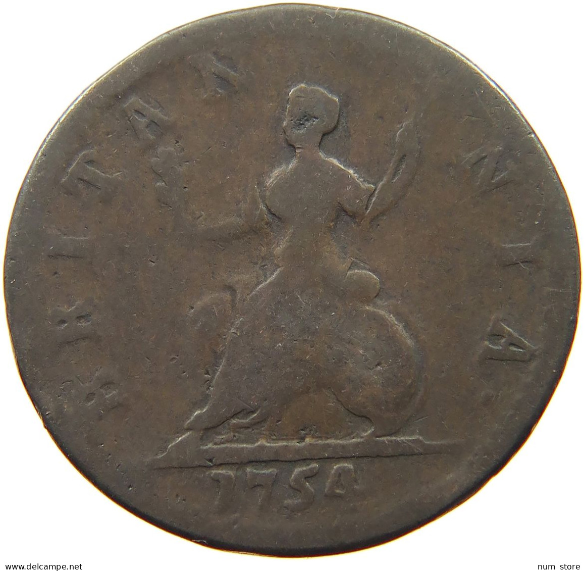 GREAT BRITAIN FARTHING 1754 George II. 1727-1760. #s036 0629 - A. 1 Farthing