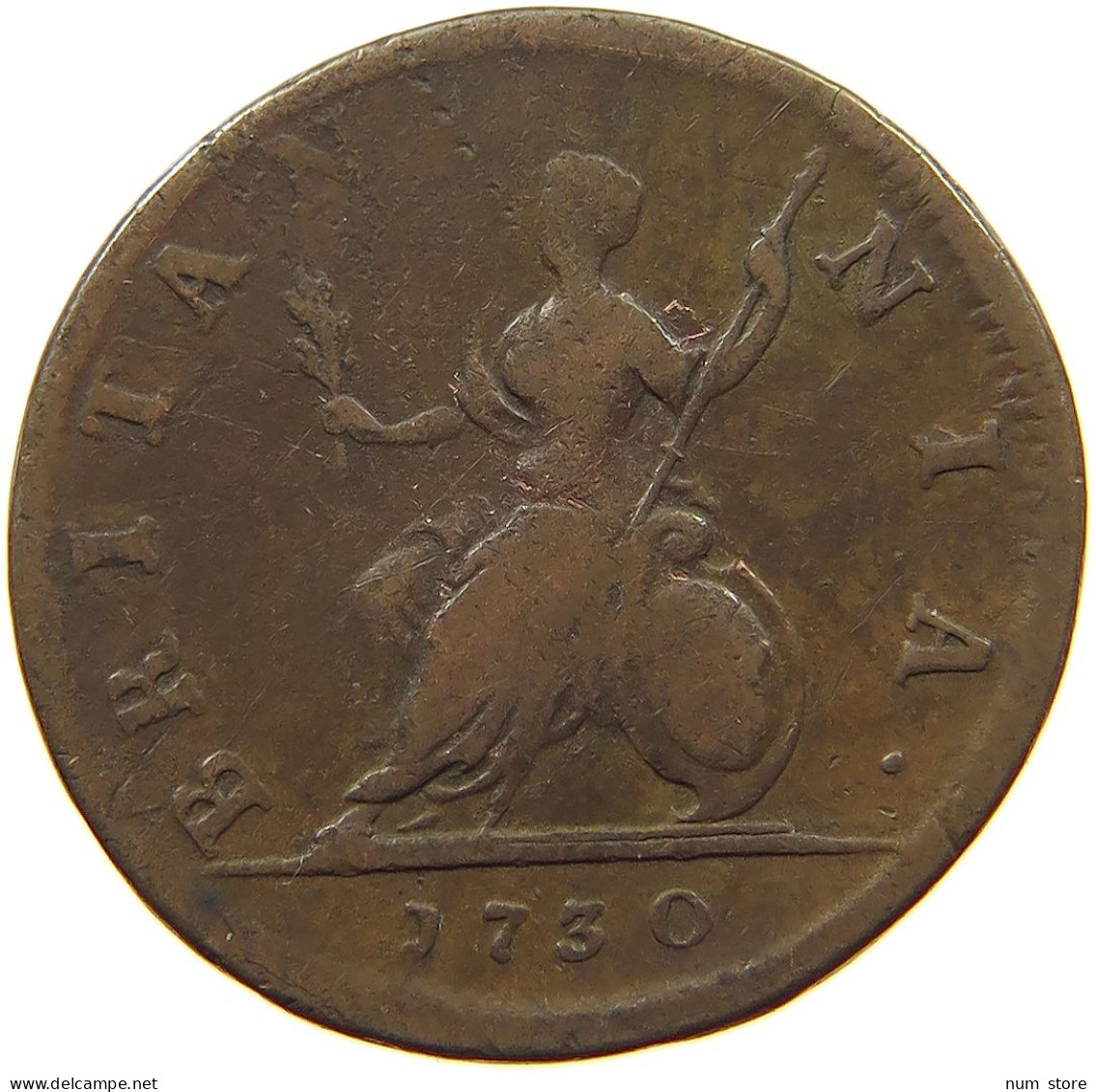 GREAT BRITAIN FARTHING 1730 George II. 1727-1760. #t149 0207 - A. 1 Farthing