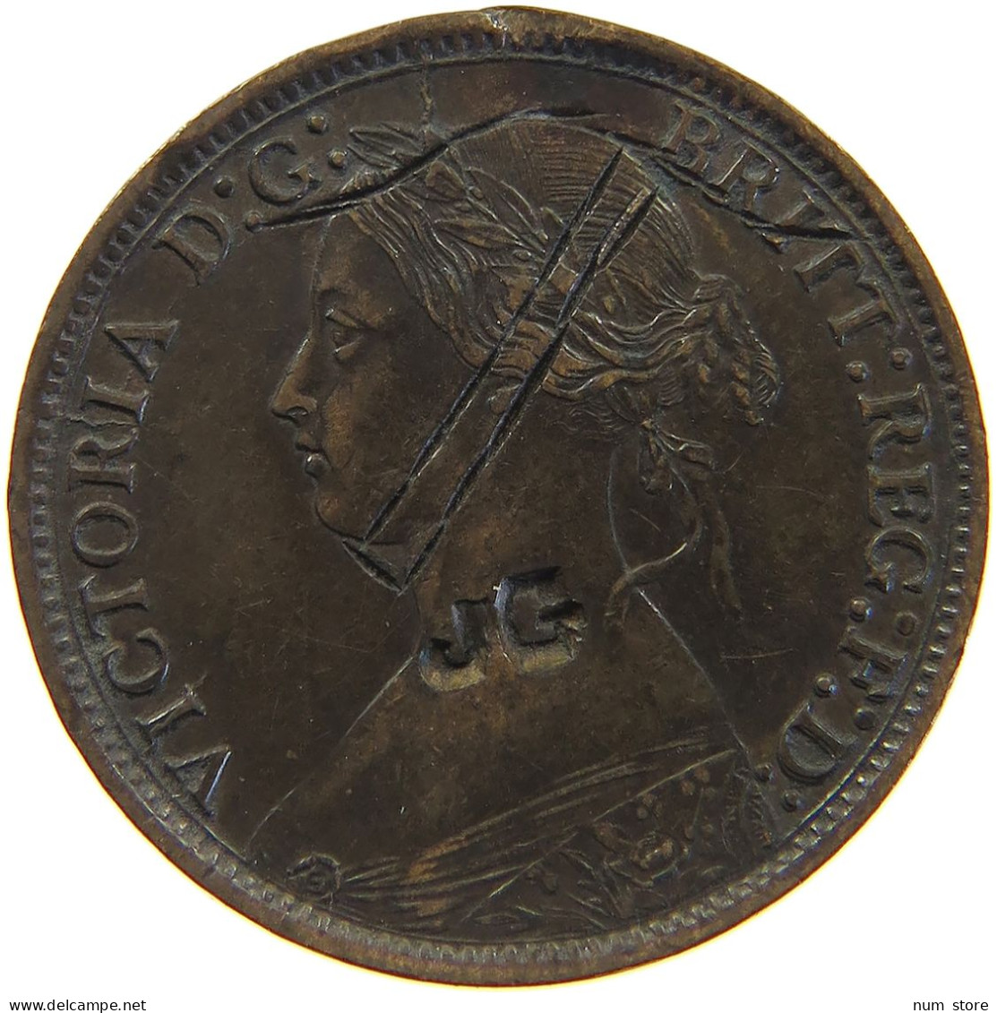 GREAT BRITAIN FARTHING 1866 Victoria 1837-1901 SATIRICAL HAT COUNTERMARKED JG #c050 0363 - B. 1 Farthing