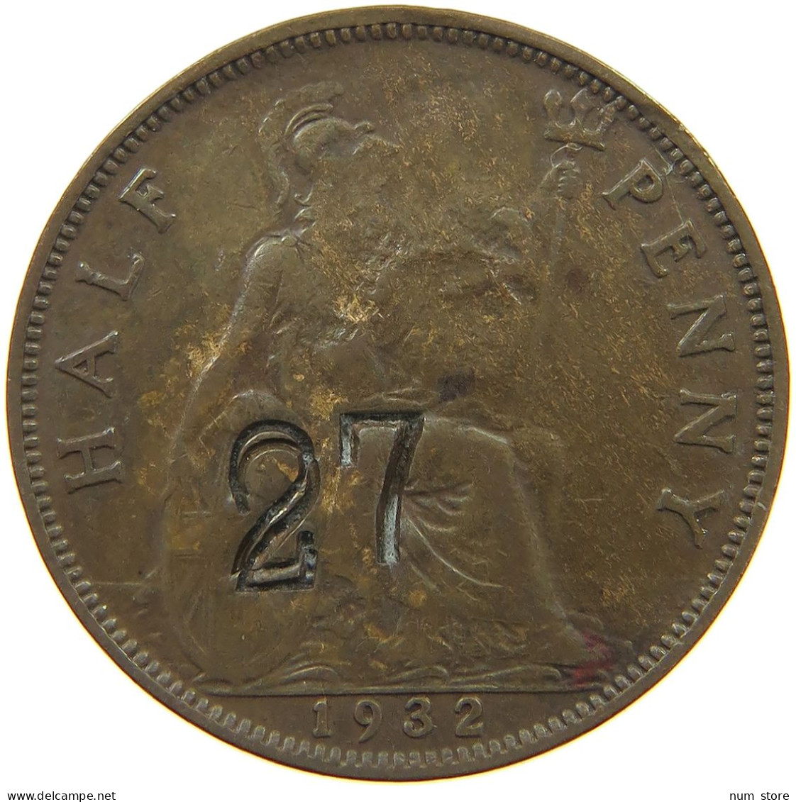GREAT BRITAIN HALFPENNY 1932 George V. (1910-1936) COUNTERMARKED 27 BOTH SIDES #a042 0247 - C. 1/2 Penny