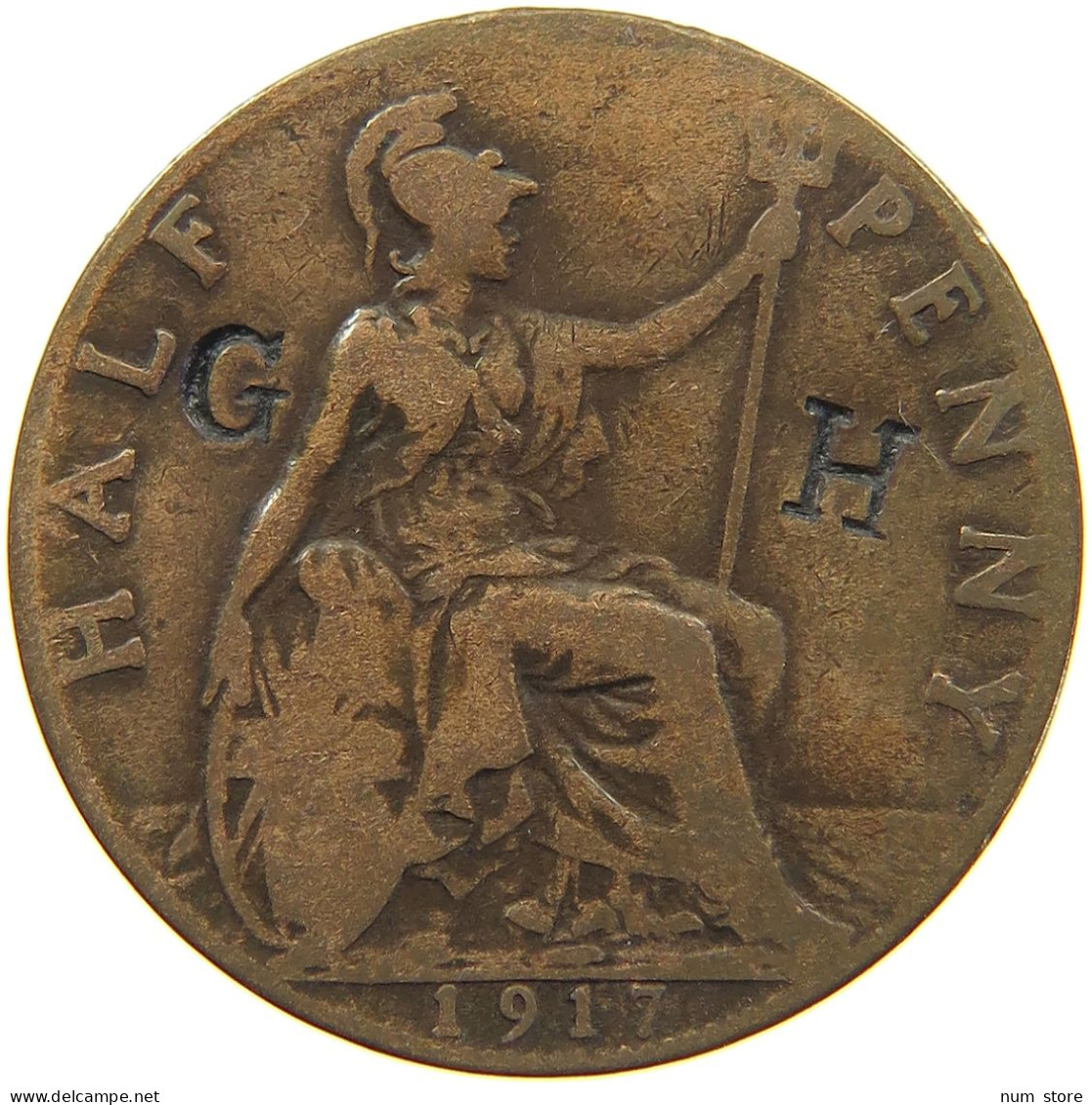 GREAT BRITAIN HALFPENNY 1917 George V. (1910-1936) GH COUNTERMARKED #c034 0001 - C. 1/2 Penny