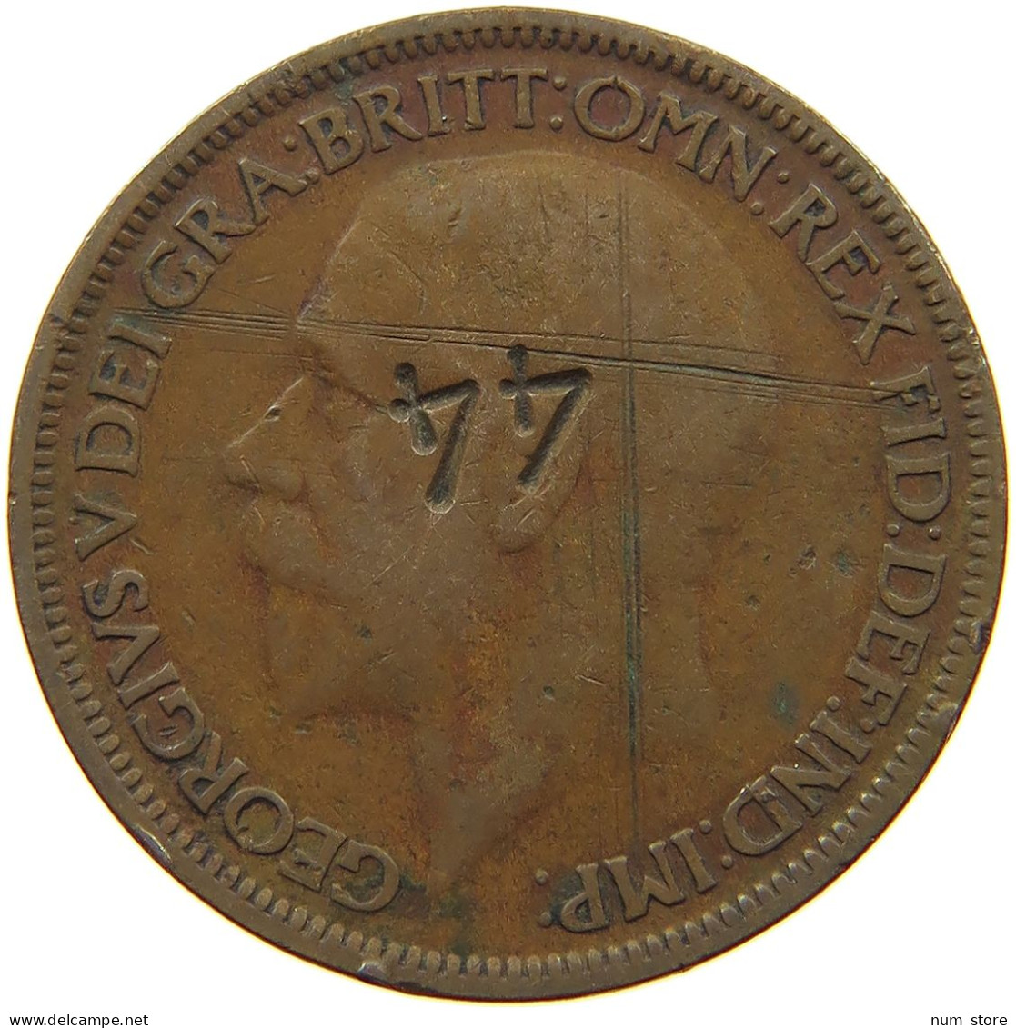 GREAT BRITAIN HALFPENNY 1927 George V. (1910-1936) COUNTERMARKED 44 #a039 0567 - C. 1/2 Penny