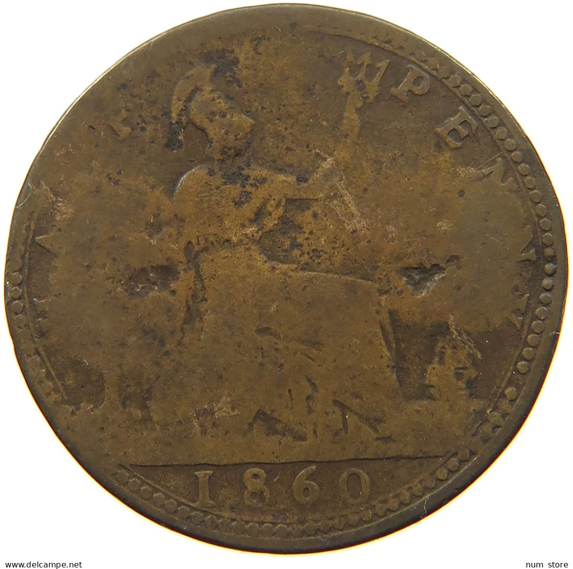 GREAT BRITAIN HALFPENNY 1860 Victoria 1837-1901 OVERSTRUCK FB #a036 0813 - C. 1/2 Penny