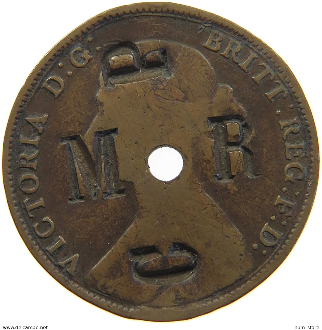 GREAT BRITAIN HALFPENNY 1860 Victoria 1837-1901 COUNTERMARKED MR-CP #c046 0329 - C. 1/2 Penny