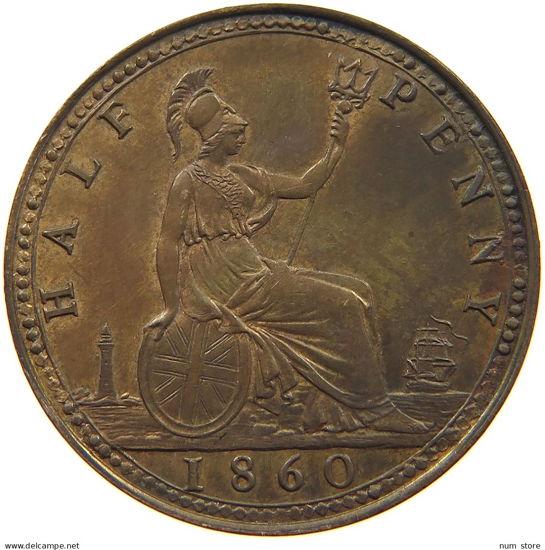 GREAT BRITAIN HALFPENNY 1860 Victoria 1837-1901 #t138 0115 - C. 1/2 Penny