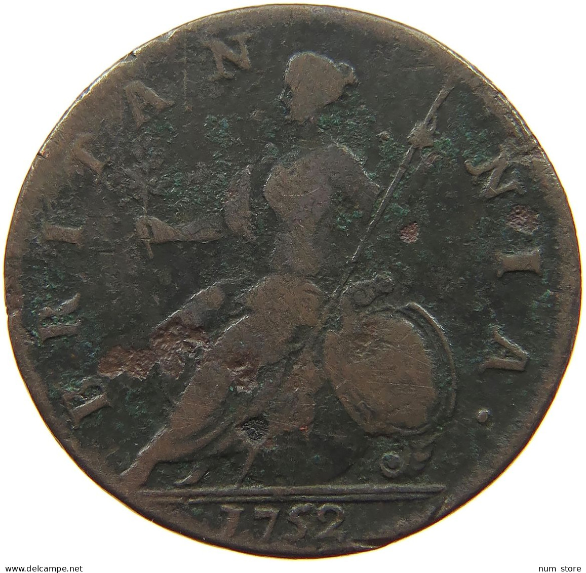 GREAT BRITAIN HALFPENNY 1752 George II. 1727-1760. #s075 0721 - B. 1/2 Penny