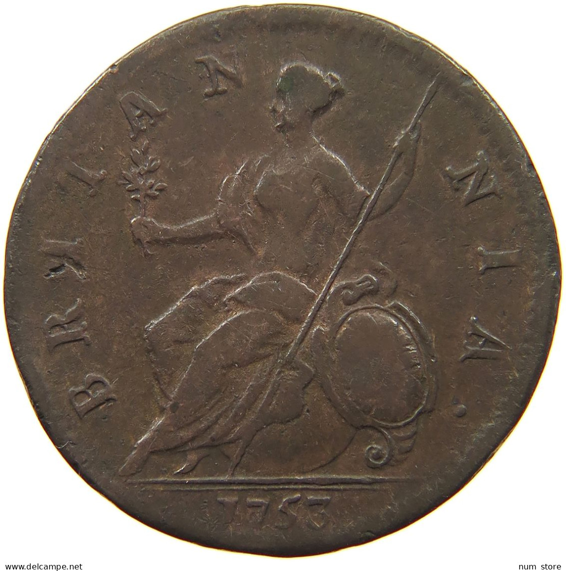 GREAT BRITAIN HALFPENNY 1753 George II. 1727-1760. #t149 0059 - B. 1/2 Penny