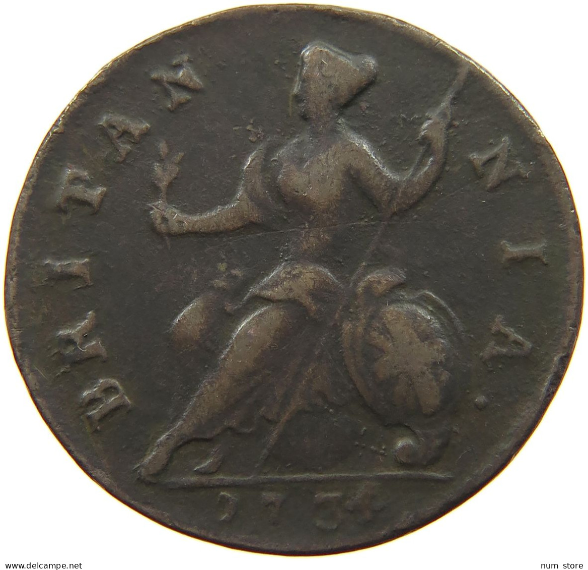 GREAT BRITAIN HALFPENNY 1734 George II. 1727-1760. #t149 0079 - B. 1/2 Penny
