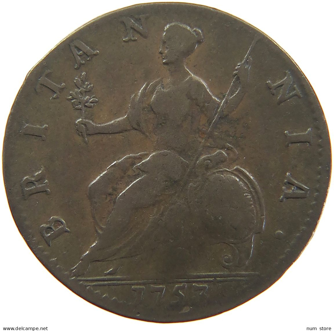 GREAT BRITAIN HALFPENNY 1/2 PENNY 1753 George II. 1727-1760. #t021 0085 - B. 1/2 Penny