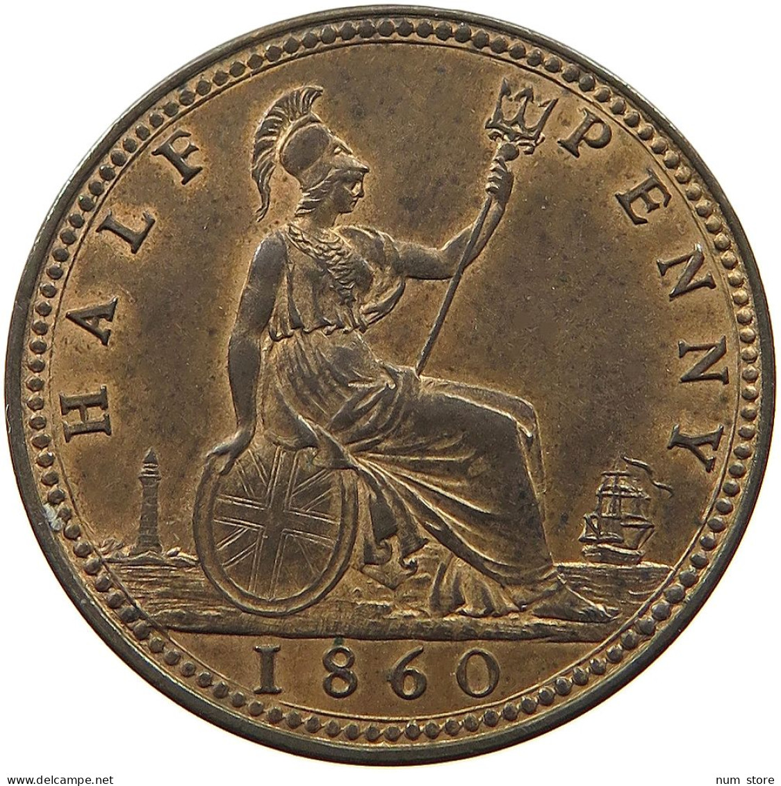GREAT BRITAIN HALF PENNY 1860 Victoria 1837-1901 #t058 0537 - C. 1/2 Penny