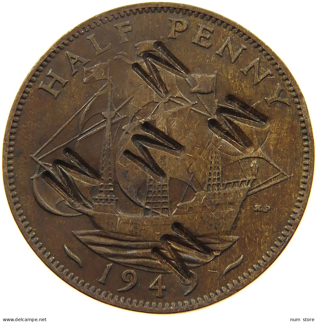 GREAT BRITAIN HALFPENNY 1949 George VI. (1936-1952) COUNTERMARKED M #a011 0345 - C. 1/2 Penny