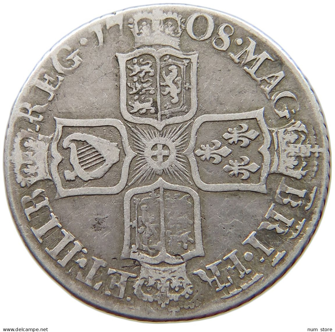 GREAT BRITAIN SHILLING 1708 Anne (1702-1714) E DOUBLE STRUCK ANNE #t148 0199 - H. 1 Shilling