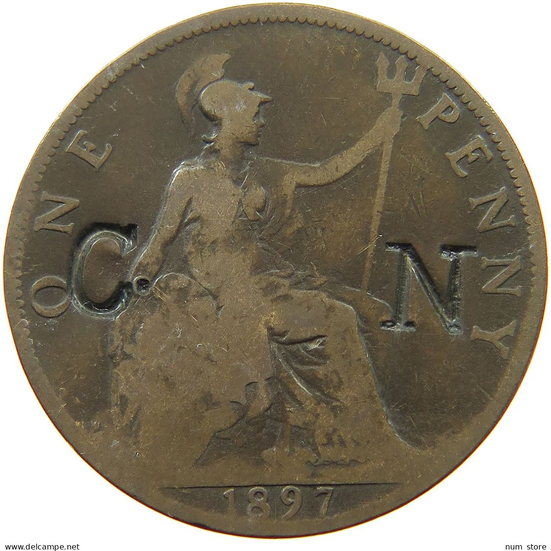 GREAT BRITAIN PENNY 1897 Victoria 1837-1901 COUNTERMARKED CN #a007 0367 - D. 1 Penny