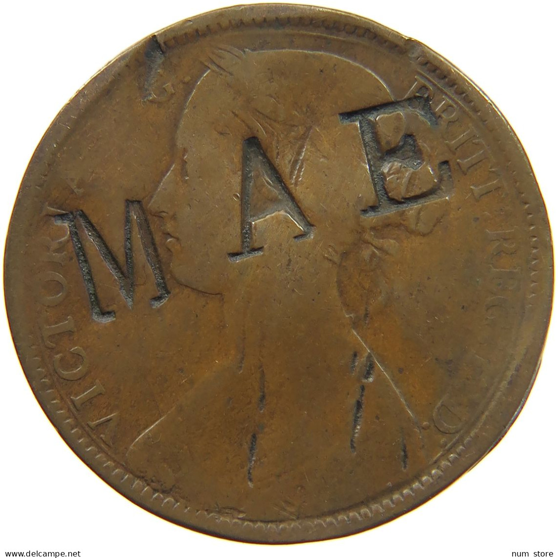 GREAT BRITAIN PENNY 1861 Victoria 1837-1901 COUNTERMARKED MAE #c029 0011 - D. 1 Penny