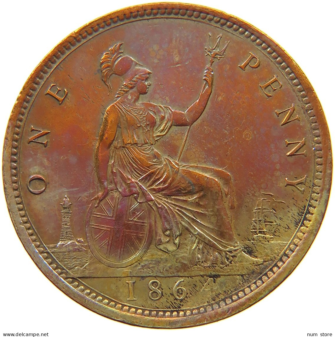 GREAT BRITAIN PENNY 1864 Victoria 1837-1901 PENNY 1864 CROSSLER 4 YELLOW RED COLLOR VERY RARE #t149 0015 - D. 1 Penny