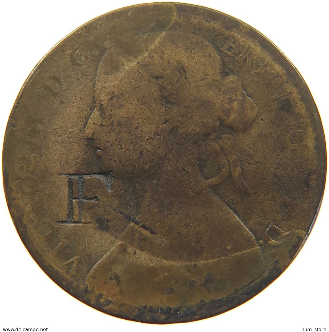 GREAT BRITAIN PENNY 1860 Victoria 1837-1901 COUNTERMARKED FF #c033 0293 - D. 1 Penny