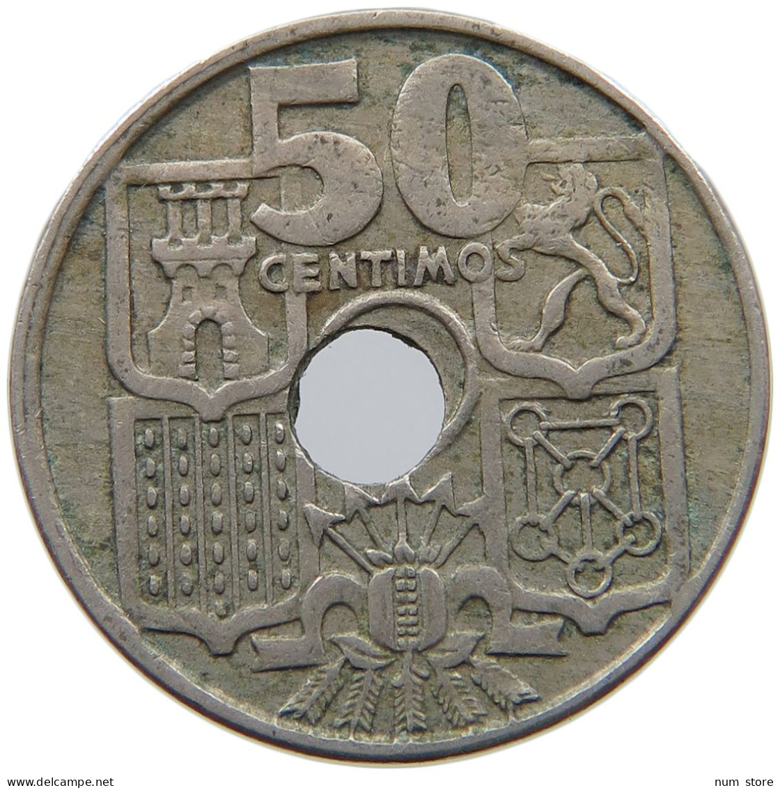 SPAIN 50 CENTIMOS 1949 Francisco Franco 1939-1975 HOLLE OFF-CENTER #s065 0551 - 50 Peseta