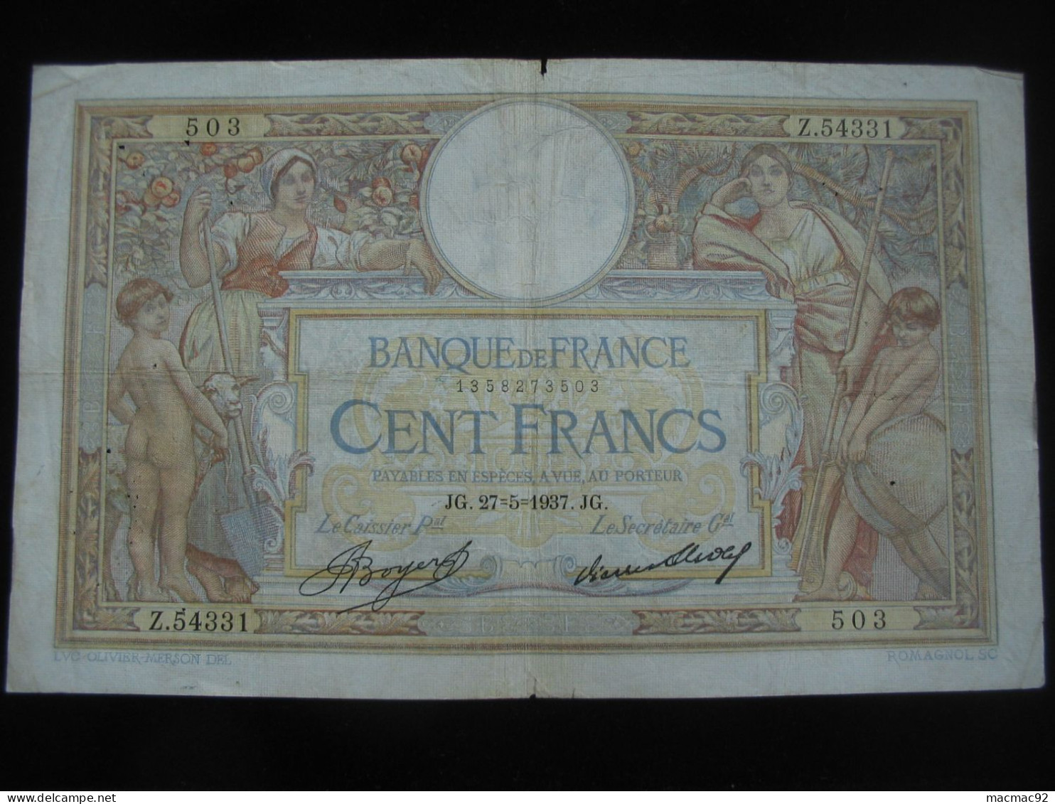 100 Cent Francs - LUC OLVIER MERSON  - 27=5=1937  **** EN ACHAT IMMEDIAT **** - 100 F 1908-1939 ''Luc Olivier Merson''