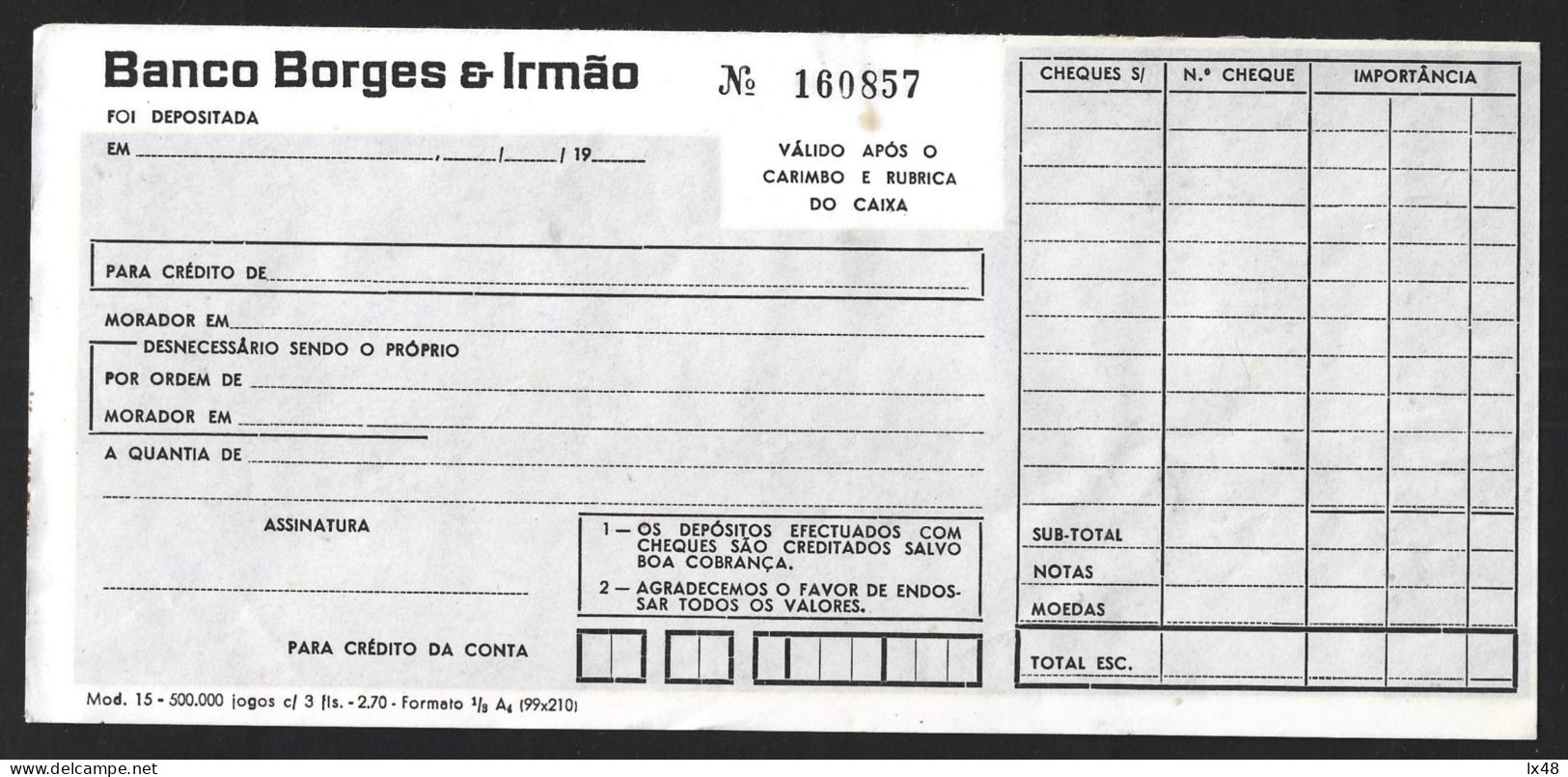 Deposit Slip From Banco Borges & Irmão, Portugal. Used 1970. Talão De Depósito Do Banco Borges & Irmão, Portugal. Raro. - Banque & Assurance