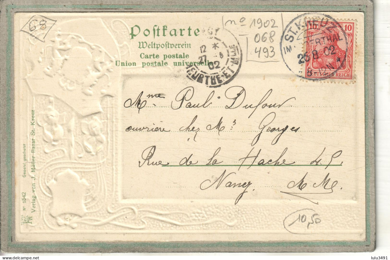 CPA - SAINTE-CROIX-aux-MINES (68) - Carte Gaufrée Avec Blason Héraldique - Grand Rue Et Bois Du Prince En 1902 - Sainte-Croix-aux-Mines
