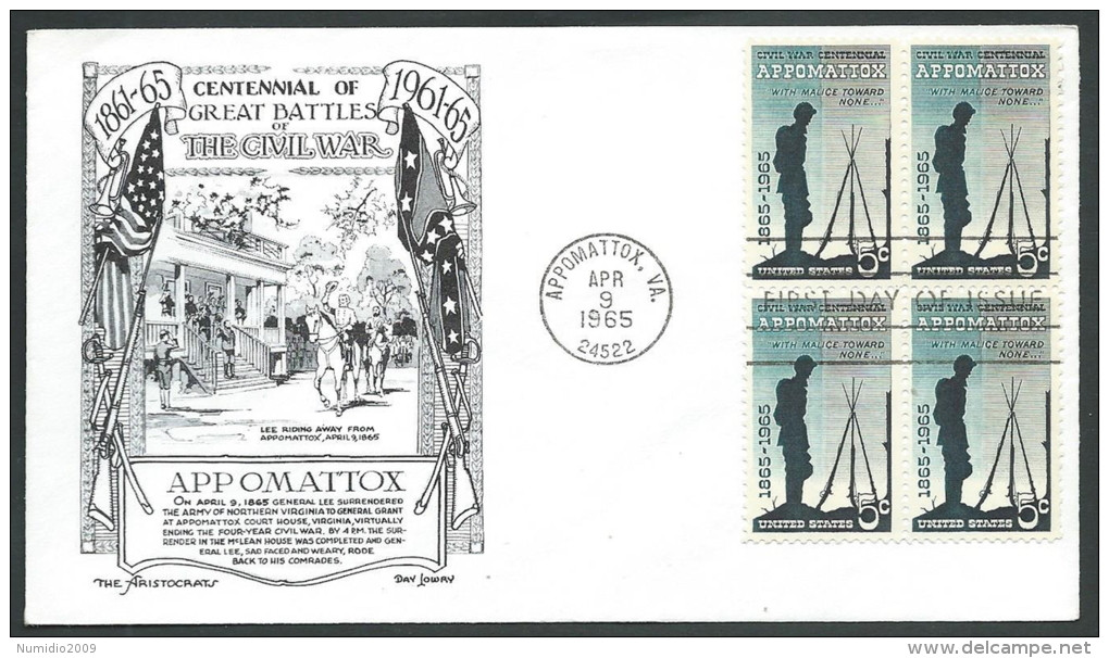 1965 USA FDC THE CIVIL WAR QUARTINA NO TIMBRO ARRIVO - V - 1961-1970