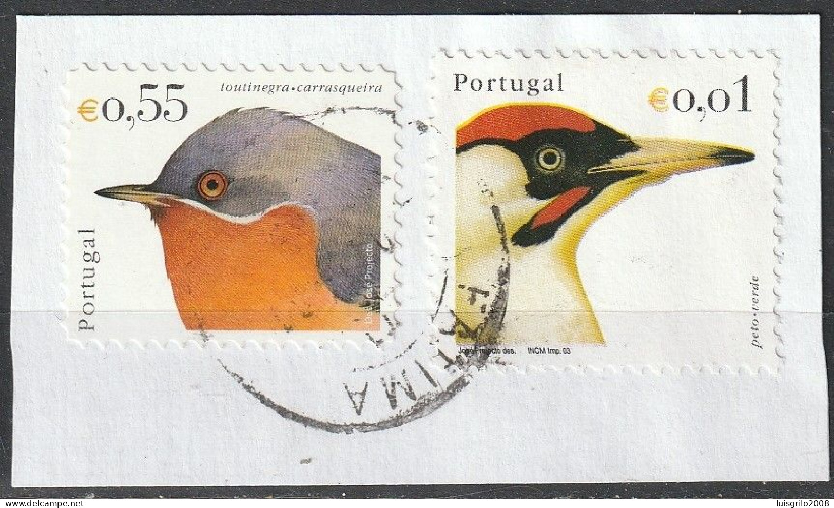 Portugal, 2003 - Aves De Portugal, €0,55 + €0,01 -|- Postmark - Fátima // Mundifil - 2941a + 2934 .  Fragment - Birds - Oblitérés