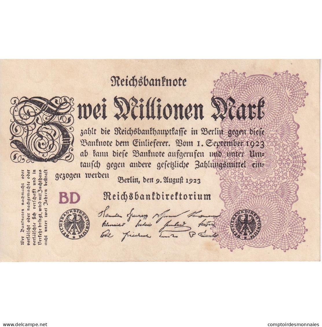 Billet, Allemagne, 2 Millionen Mark, 1923, KM:104a, TTB - 2 Miljoen Mark