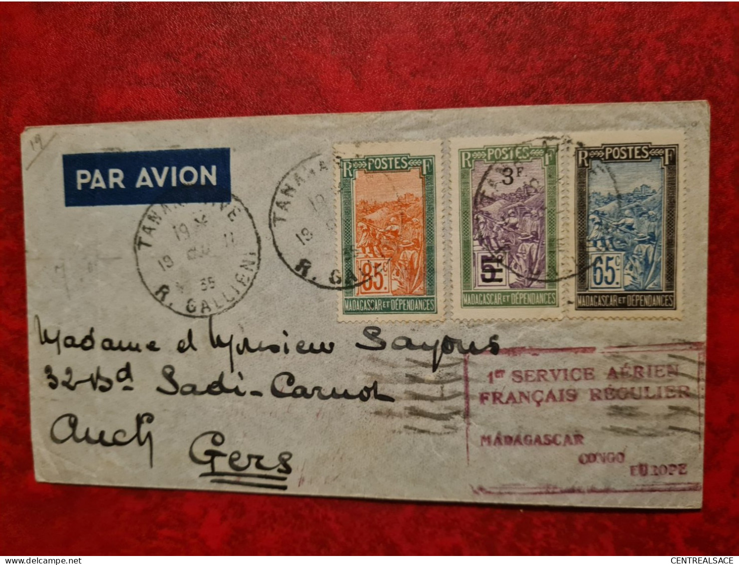 LETTRE MADAGASCAR TANANARIVE POUR AUCH 1935 1er VOL AERIEN FRANCAIS REGULIER MADAGASCAR CONGO EUROPE EN ROUGE - Autres & Non Classés