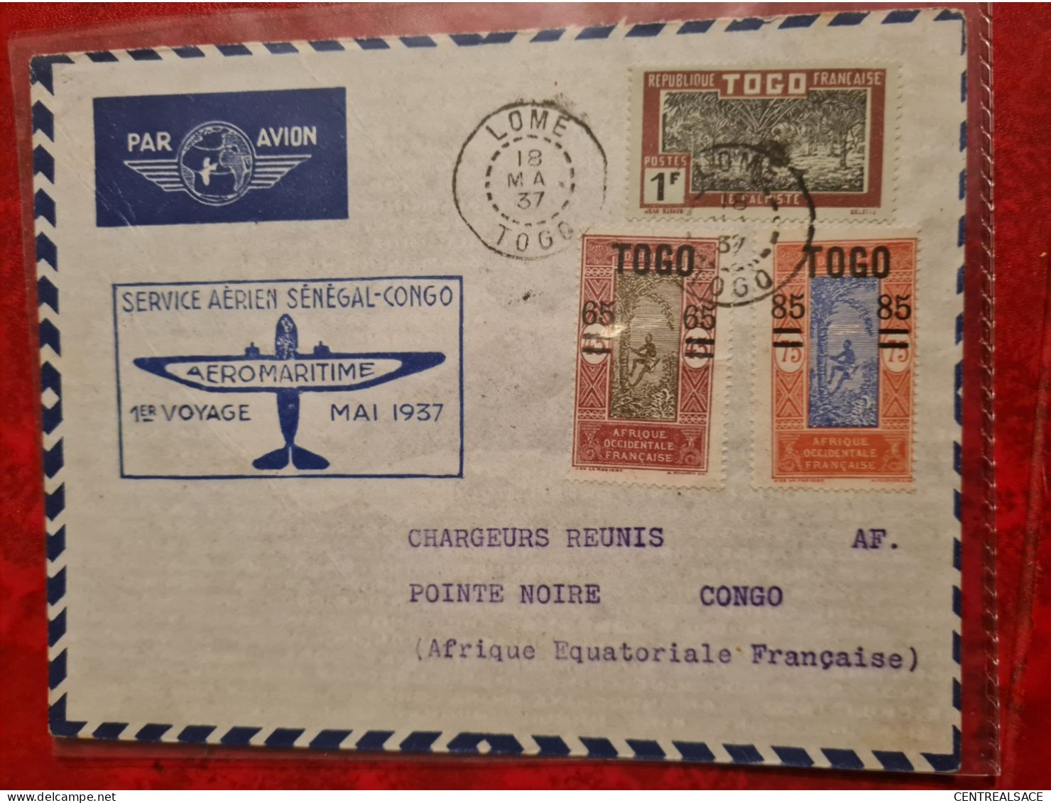 LETTRE 1937 TOGO POINTE NOIRE LOME SERVICE AERIEN SENEGAL CONGO 1ER VOYAGE COTONOU DAHOMEY - Lettres & Documents