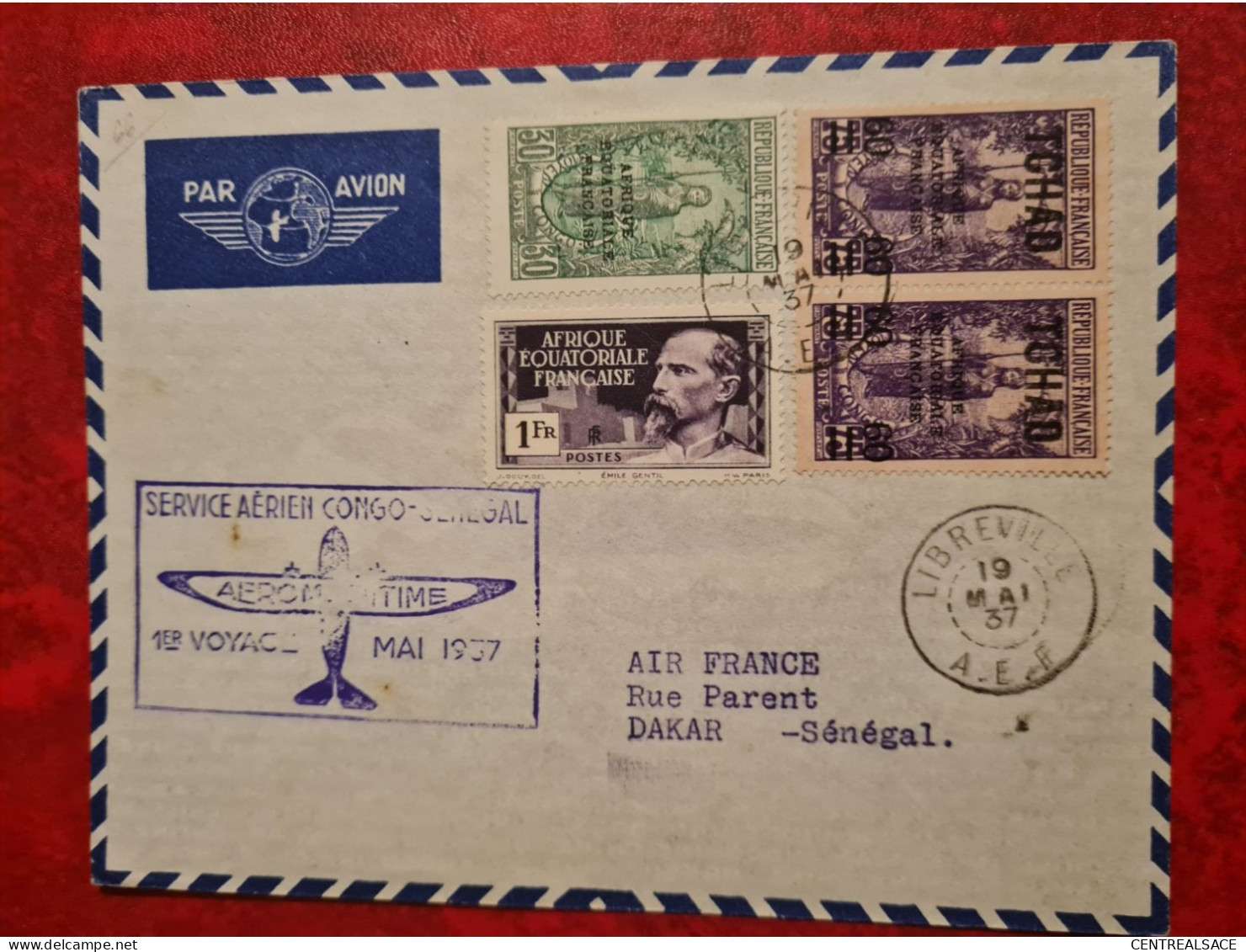 LETTRE 1937 LIBREVILLE A.E.F. 1ER VOYAGE CONGO SENEGAL DAKAR - Storia Postale