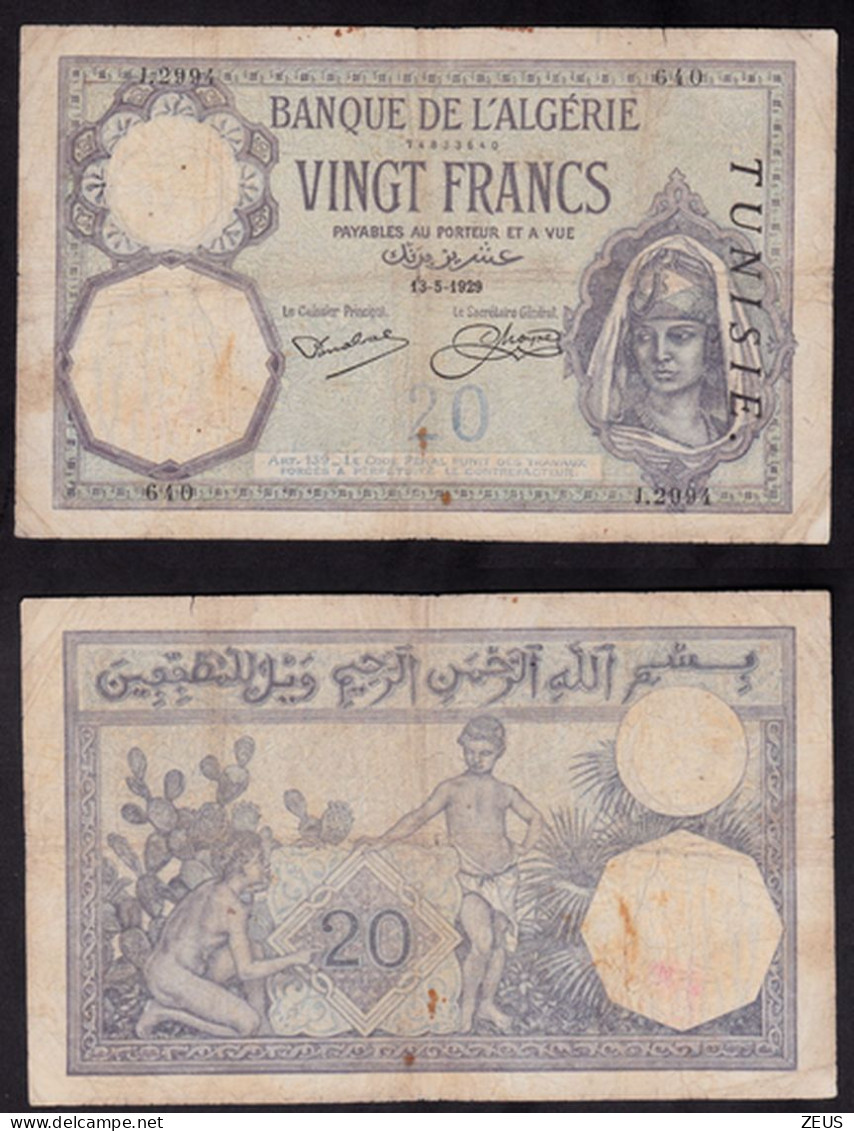 TUNISIA 20 FRANCS 1929  PIK 6B BB - Tunisia