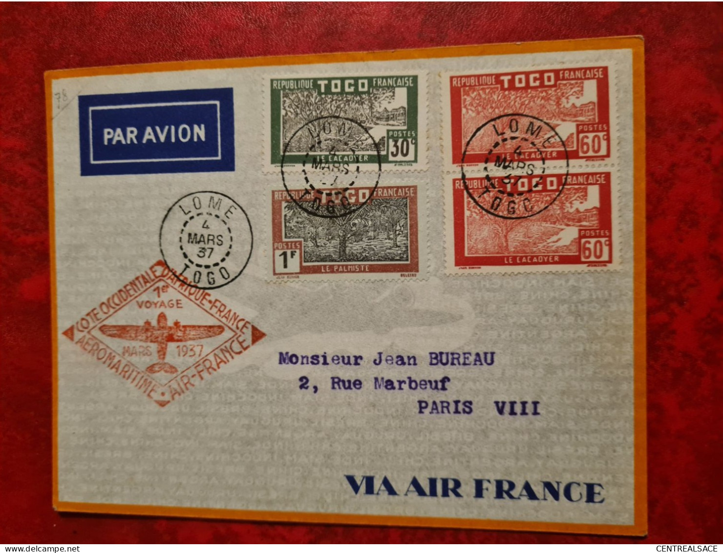 LETTRE 1937 LOME TOGO POUR PARIS CACHET AEROMARITIME COTE OCC. AFRIQUE FRANCE AIR FRANCE DAKAR AVION SENEGAL - Brieven En Documenten