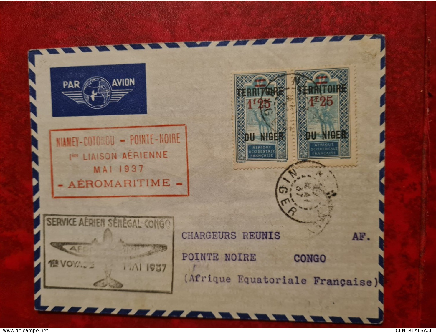 LETTRE 1937 NIAMEY COTONOU POINTE NOIRE 1ERE LIAISON AEROMARITIME SENEGAL CONGO - Cartas & Documentos