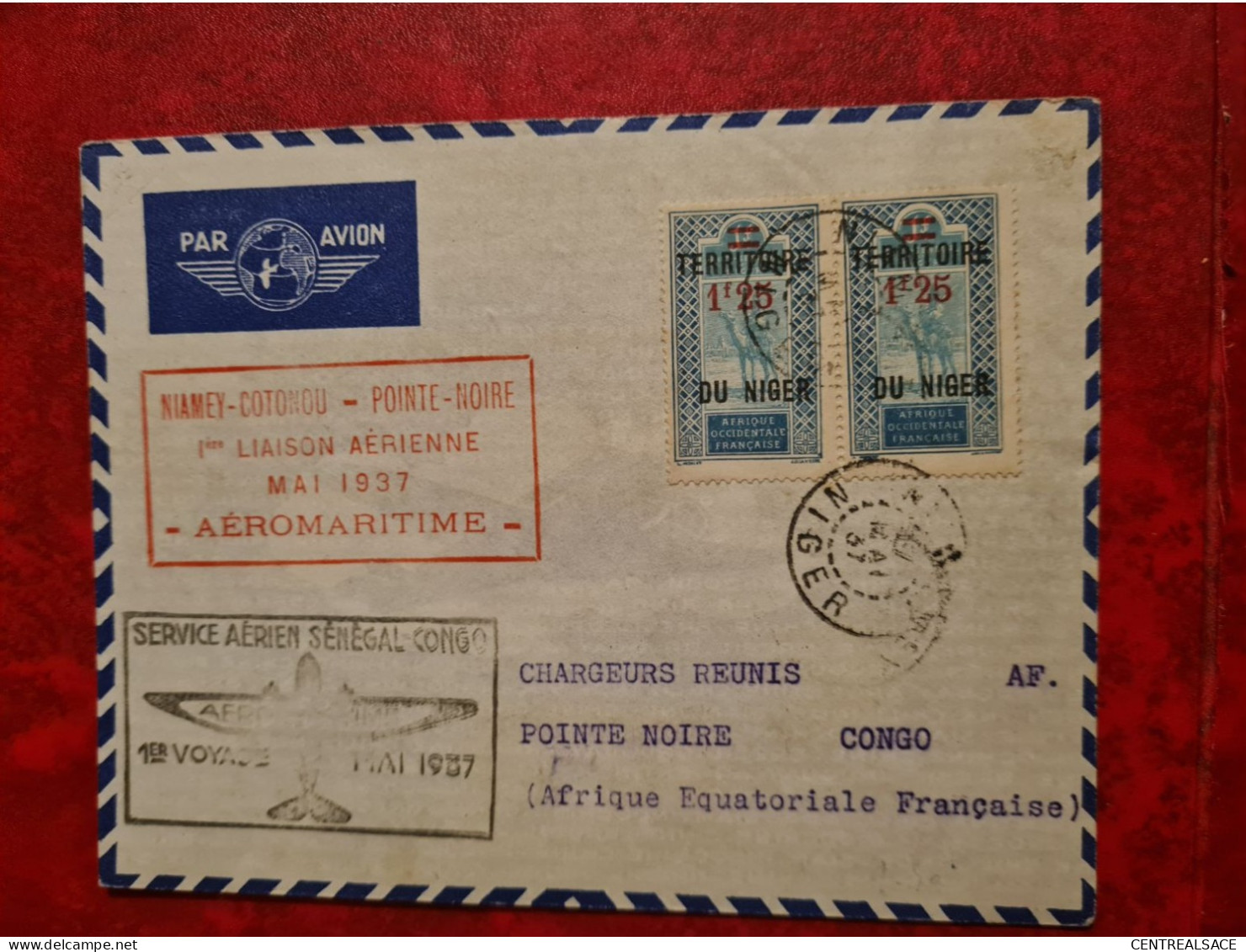 LETTRE 1937 NIAMEY COTONOU POINTE NOIRE 1ERE LIAISON AEROMARITIME SENEGAL CONGO - Covers & Documents