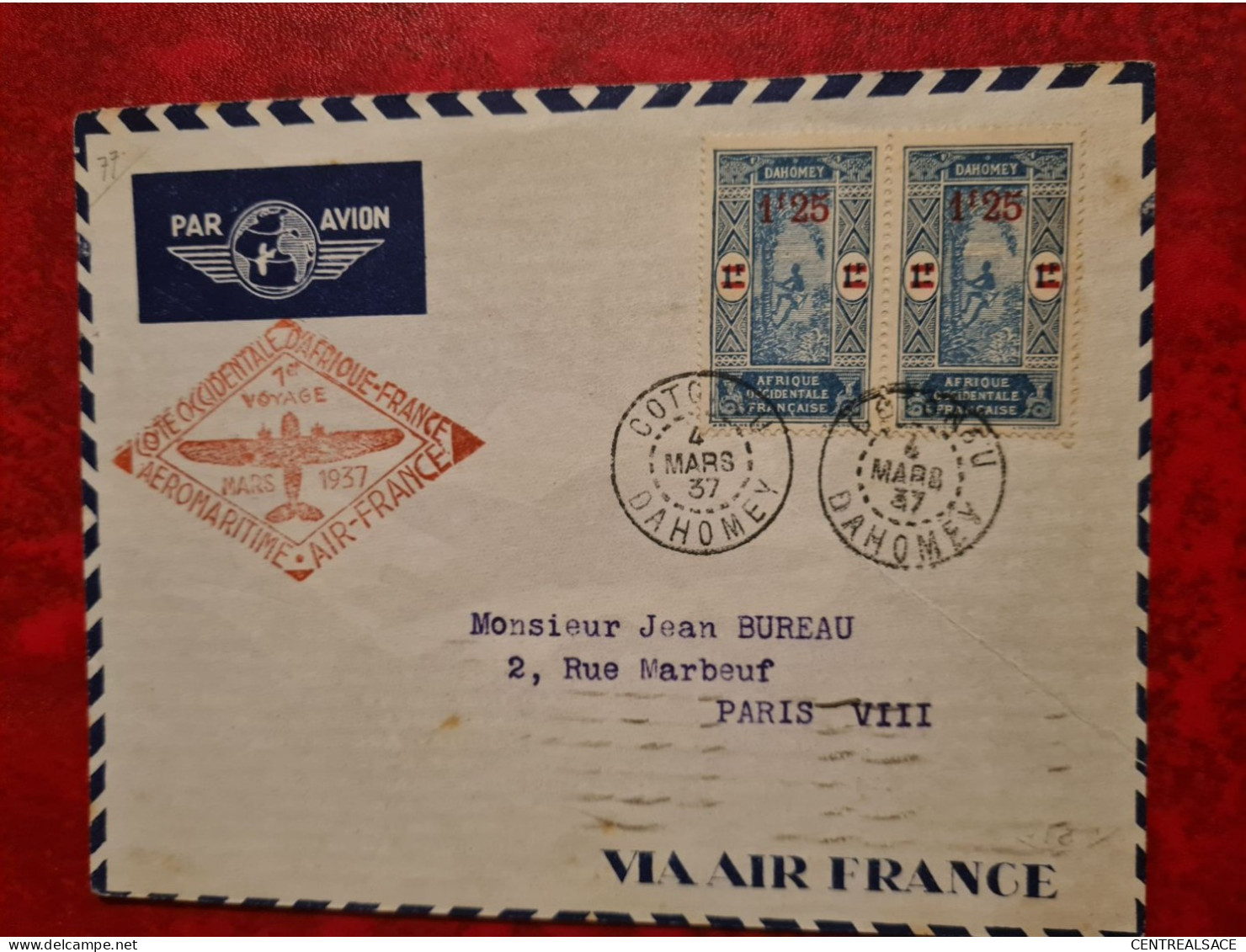 LETTRE 1937 COTONOU DAHOMEY POUR PARIS AEROMARITIME AIR FRANCE - Lettres & Documents