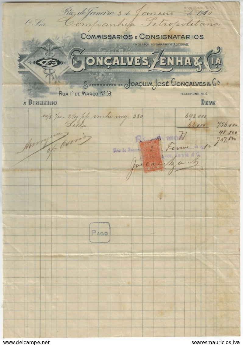 Brazil 1906 Invoice By Gonçalves Zenha & Co Issued In Rio De Janeiro National Treasury Tax Stamp 300 Réis - Briefe U. Dokumente