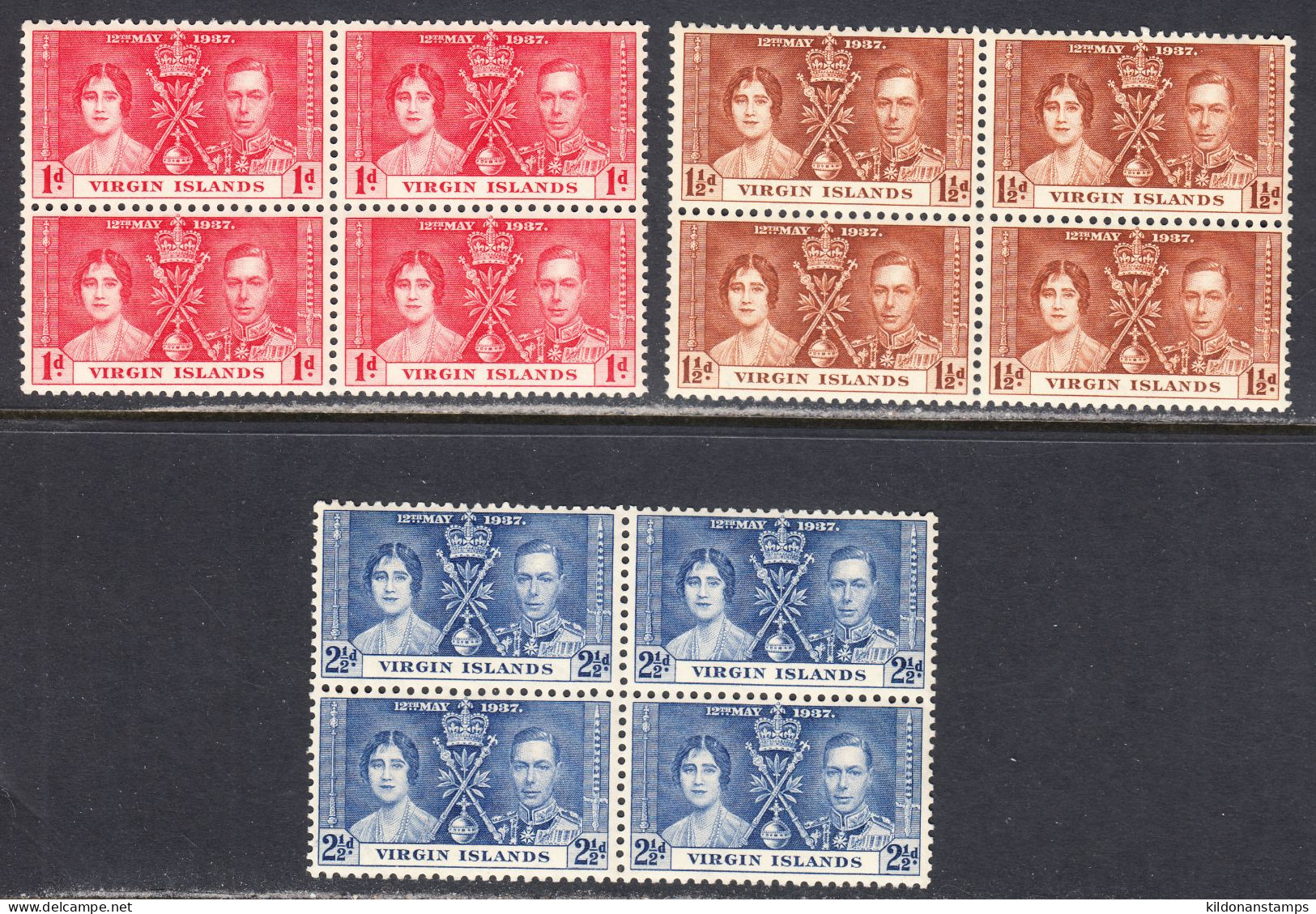 British Virgin Islands 1937 Mint No Hinge, Blocks, Sc# 73-75,SG - British Virgin Islands