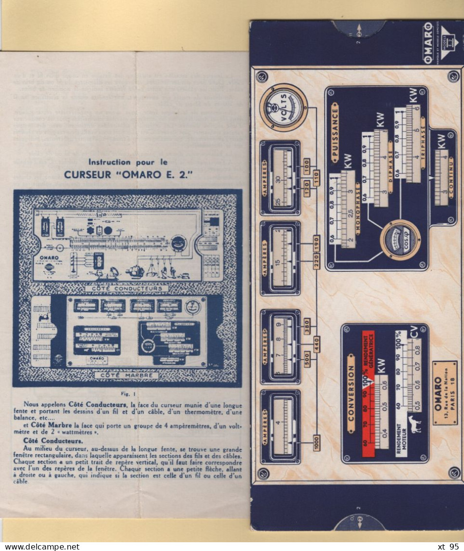 Regle De Calcul - Curseur Omaro Avec Notice Technique - Electricite - Matériel Et Accessoires