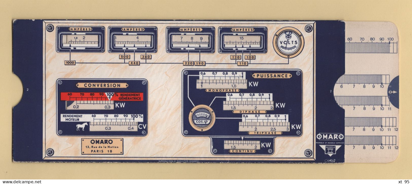 Regle De Calcul - Curseur Omaro Avec Notice Technique - Electricite - Matériel Et Accessoires