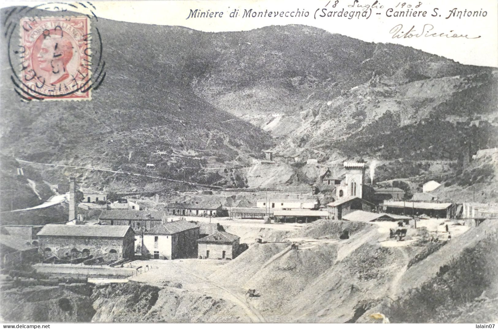 C. P. A. : Sardegna : Carbonia : Miniere Di MONTEVECCHIO : Cantiere S. Antonio, Timbre En 1908 - Carbonia