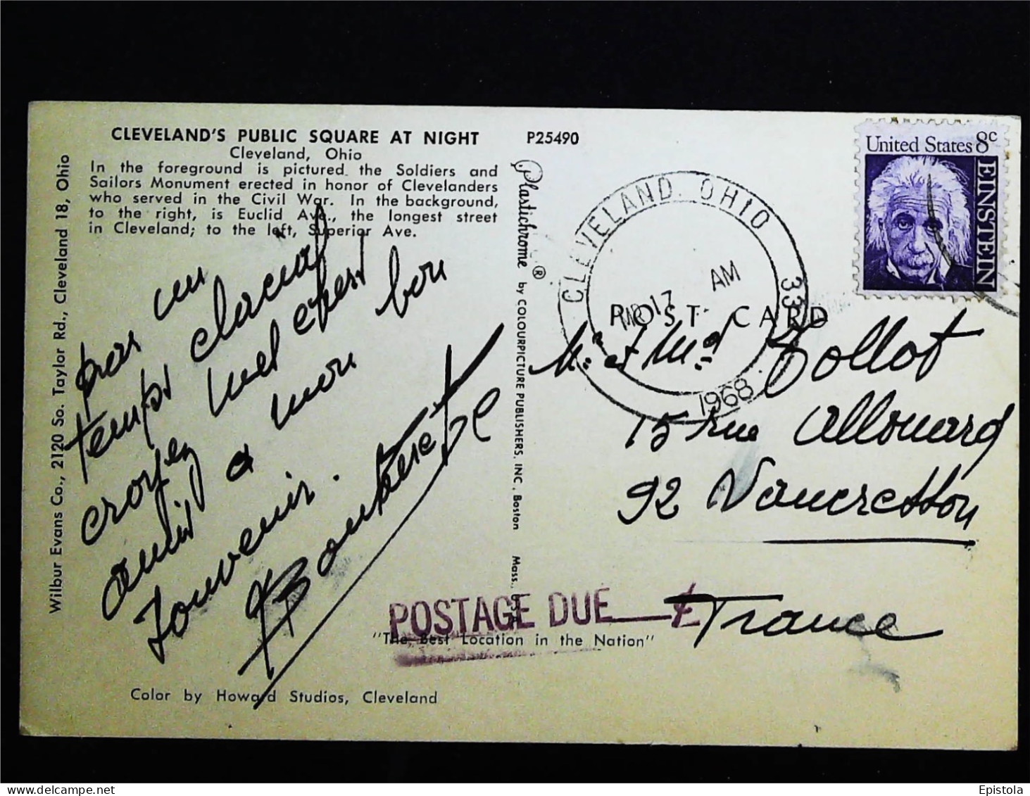 ►   Cleveland At Night Illustration Couple Américains   Ohio.  8 C Einstein   Stamped 1968 To France - Cleveland