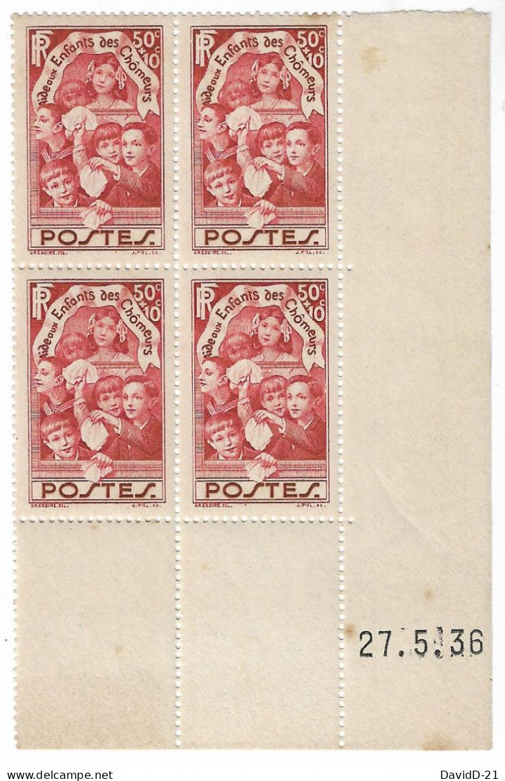 0312. COIN DATE Bloc De 4 - 27 Mai 1936 - N°312 Enfants Des Chômeurs - NEUF Gomme D'origine - Côte 55eu. - 1930-1939