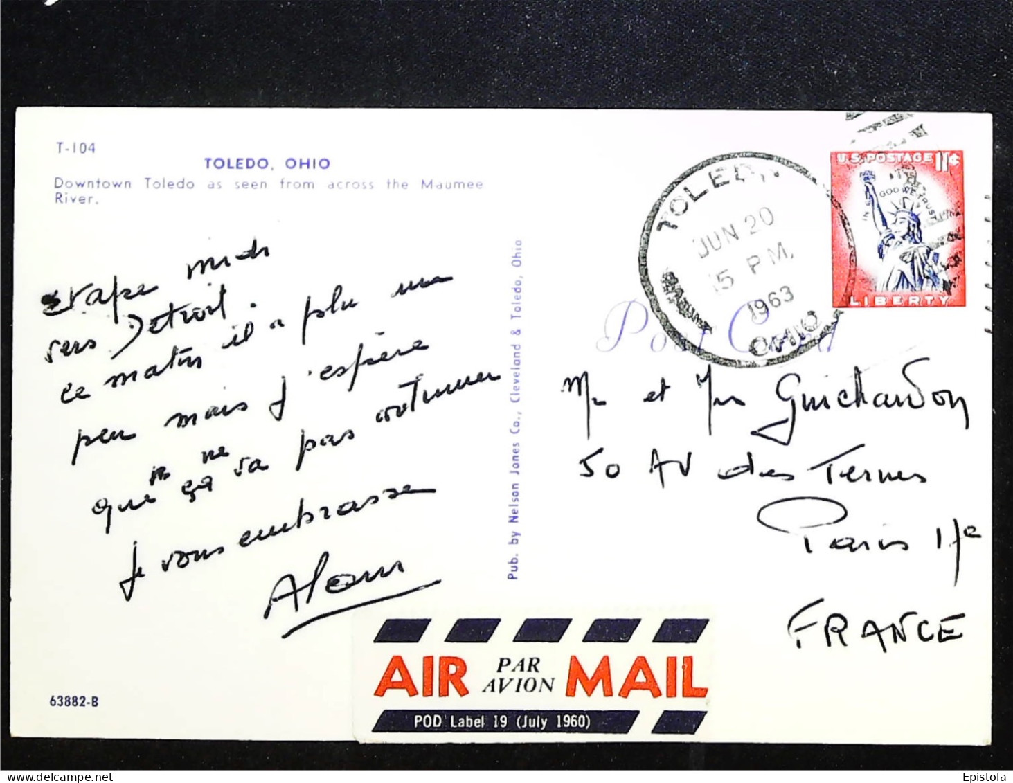 ► TOLEDO Maumee River  1963 Hors-Bord   Ohio. Stamped Ai Mail To France 11 C Liberty - Toledo