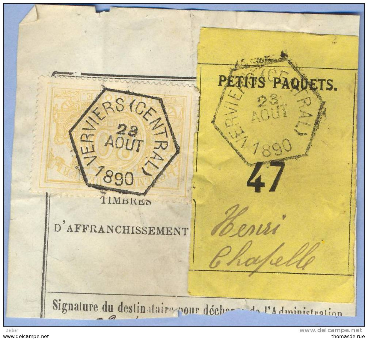 _V977:VERVIERS(CENTRAL) > Henri Chapelle - Expresse  Fragment PETITS PAQUETS Met  " étiquette:  SP12 : N° 47 :Type Bc: - Dokumente & Fragmente