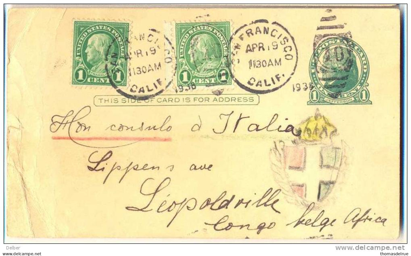 _Hc980:...consulo D' Italia Lippens Ave Léopoldville Congo Belge Africa...postcard+tekening Uit San Francisco Calif.1938 - ...-1900