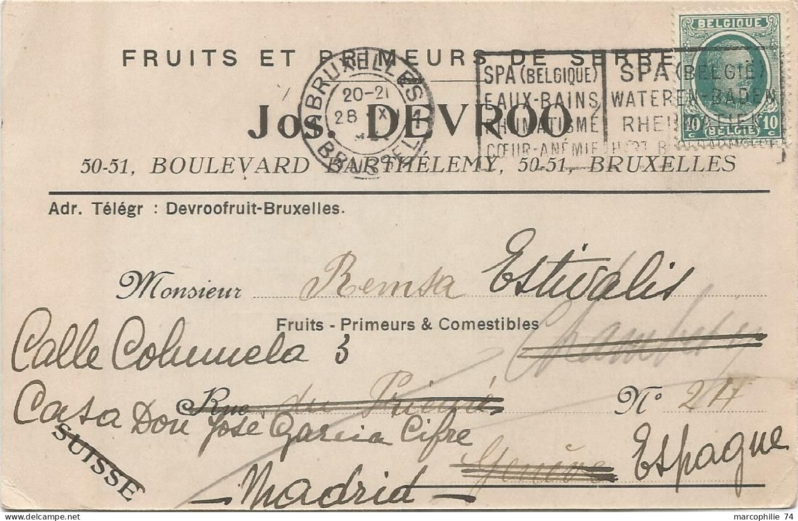 BELGIQUE CARTE PRIVEE PUB FRUITS ET PRIMEURS DE SERRE JOS DEVROO BRUXELLES 1923 - Mercati