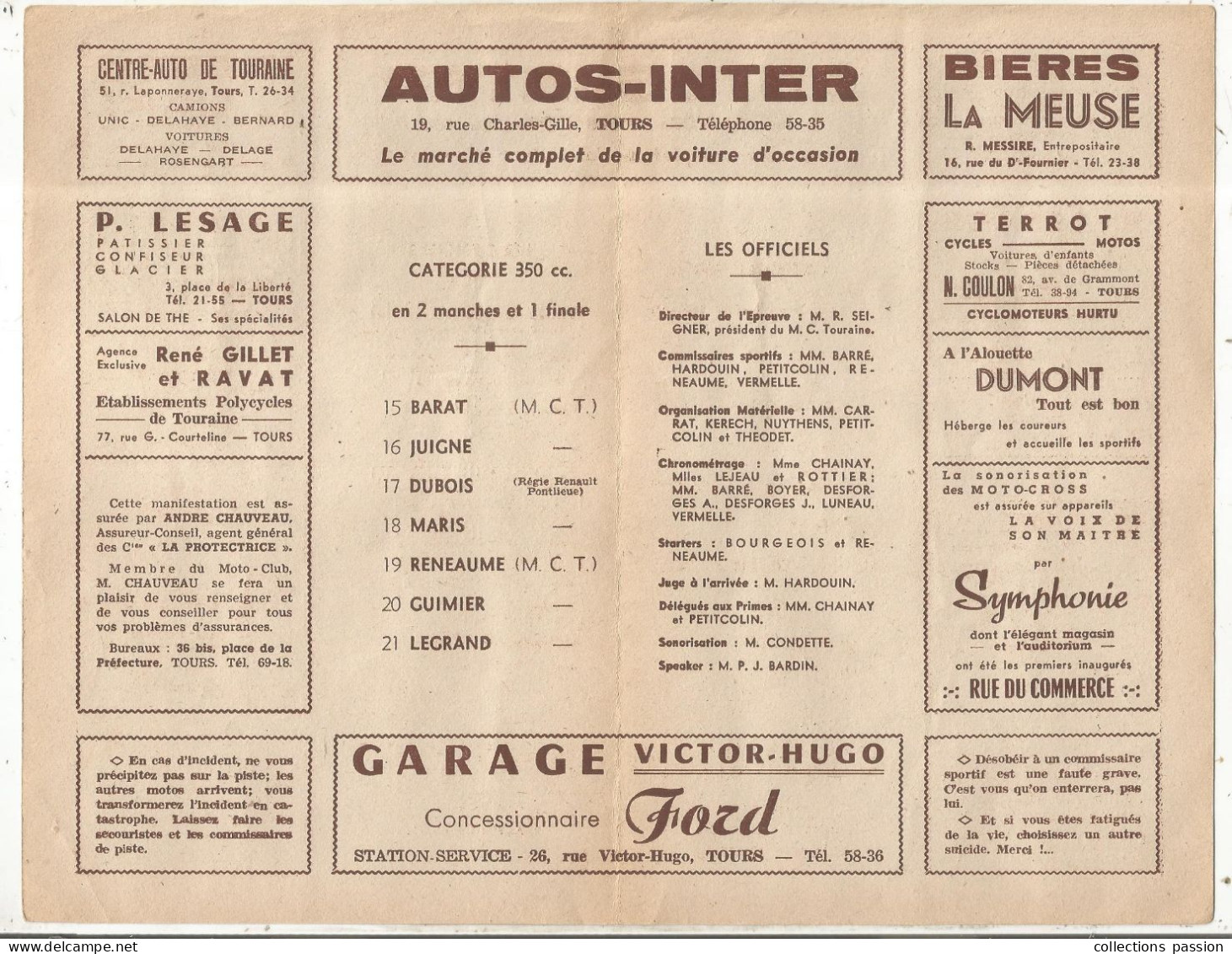 Programme, 1952, Courses De Motos, épreuve Militaire, 350 Cc, 500 Cc, Démonstration De Side Car, TOURS,  Frais Fr 1.75e - Programma's